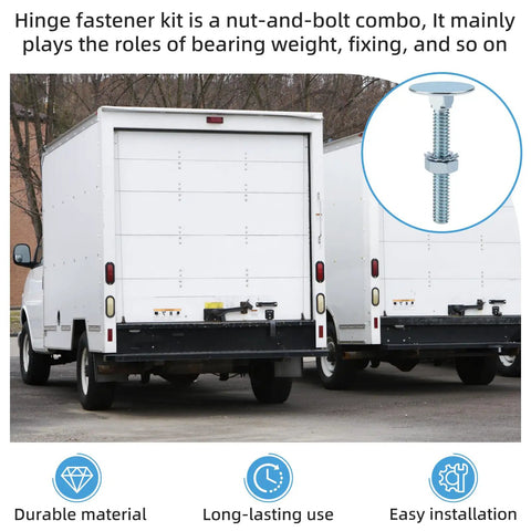 Built Tough 2 Inch Stainless Steel Elevator Bolt And Nut Kit Including 10 Heavy Duty Pieces Designed For Zero Hassle Mounting On Commercial Truck Rolling Doors And High Speed Elevating Door Tracks, showing trucks with bolts.