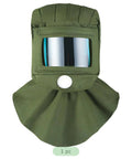 Beast Mode Sandblasting Hood Featuring Curved Polycarbonate Lens And Heavy Canvas Shawl for dust defense, 1 pc, olive green.