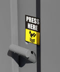 Press here sign on a Hardcore Heavy Duty All Welded Steel Job Site Storage Cabinet Outdoor Secure Lockable Rack.