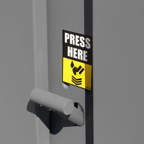 Press here sign on a Hardcore Heavy Duty All Welded Steel Job Site Storage Cabinet Outdoor Secure Lockable Rack.