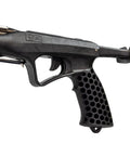 Close-up of ergonomic handle on Reaper 90cm Railgun Speargun for spearfishing with aluminum barrel and integrated reel mount.