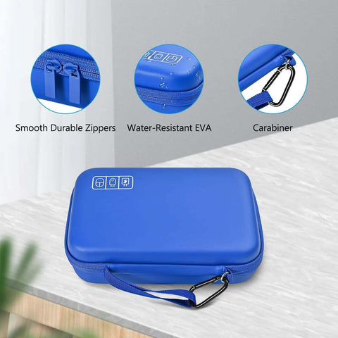 Slick Hard Shell Road Ready Tech Stash Organizer Case For Macbook Charger Cables Power Bank Mouse Earphones Usb Drive Memory Cards Blue Water Resistant Eva with durable zippers and strap.