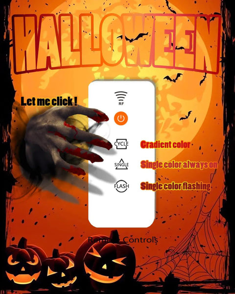 12 Ft Skeleton Lighting Kit With Remote LED control in front of Halloween background with jack-o'-lanterns