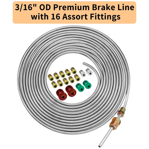Heavy Duty 3/16 Inch Stainless Steel Brake Line Kit, 25 Foot Tubing Roll With 16 Fittings For Hydraulic Brake Systems On Cars, Trucks, And SUVs