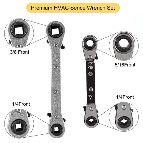Valve Core Remover And Installer Tool Set For HVAC Systems with dual size SAE 1/4 and 5/16 ports wrench close-up