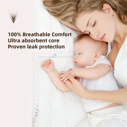 Top Shelf Heavy Duty Adult Underpads 36X30 40 Pack Super Absorbent Disposable Chux Pads with baby and mother on bed.