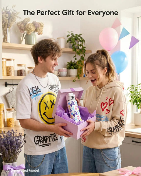 Celebrating the gift of a 32 Oz Smart Water Bottle Hydration Tracker With Gentle Drink Alarms And Heavy Duty Insulation in a colorful box.