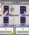 SUNMAY Professional Stud Finder with 7-in-1 Wall Scanner & Laser Level showing scanning steps on LCD display.