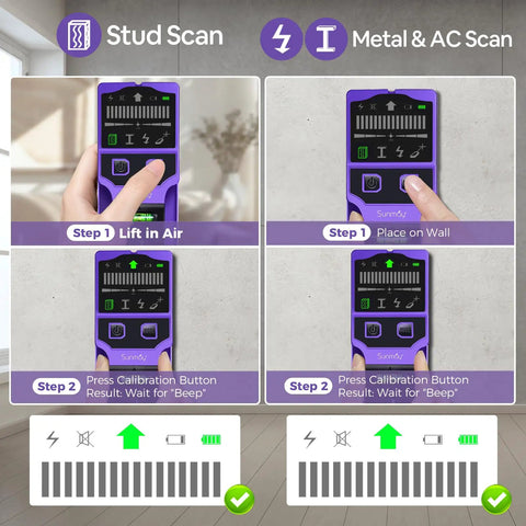 SUNMAY Professional Stud Finder with 7-in-1 Wall Scanner & Laser Level showing scanning steps on LCD display.