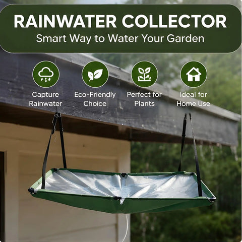 Heavy Duty 40x20 Inch Rainwater Catchment Mat With 3 Foot Hose Portable Oxford Cloth Harvesting Tarp displayed under eave