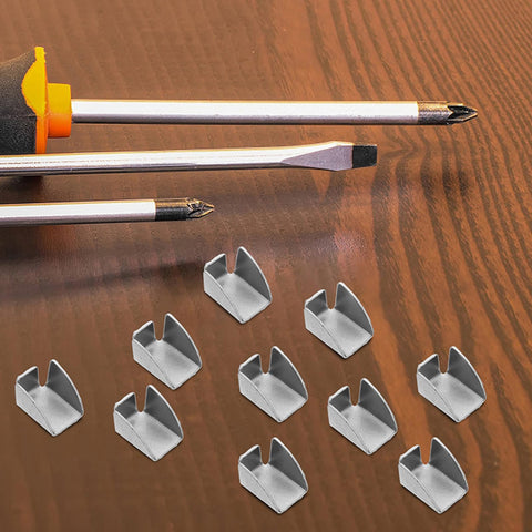 Sturdy Metal Shelf Brackets And Clips For Office Cabinets Iron Shelf Supports on wooden surface with screwdrivers