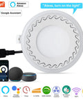 4-Inch Smart Recessed LED Lights With Junction Box, RGB Color Changing Downlights, 9W 600LM, 3000K-6500K Tunable, WiFi Smart Retrofit, Dimmable, Works With Alexa And Google, 4 Pack, showing LED light, smart devices and control features.