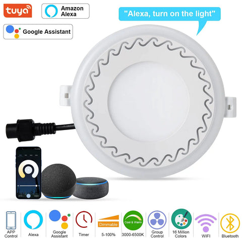 4-Inch Smart Recessed LED Lights With Junction Box, RGB Color Changing Downlights, 9W 600LM, 3000K-6500K Tunable, WiFi Smart Retrofit, Dimmable, Works With Alexa And Google, 4 Pack, showing LED light, smart devices and control features.