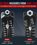 Gen2 Bolt Size Finder Tool Keychain For Bolts And Nuts Heads Five Thirty Second Inch To One Inch And Four To Twenty Five Millimeters Wrench And Socket Size Finder Nut And Bolt Measuring Tool Gift For DIYers Matte Black showing front and back with metric and SAE sizes.