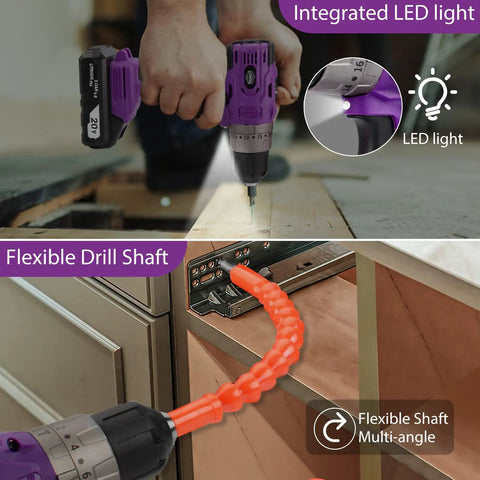 Purple Brushless Cordless Drill Set For Home DIY with LED light and flexible shaft for tight spaces