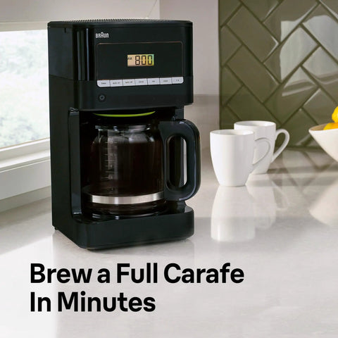 Quality Morning Coffee Made Easy With This Twelve Cup Programmable Drip Coffee Maker in Black on countertop with mugs.