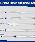 Knockout Five Piece Punch And Chisel Set Forged From Tough Chrome Vanadium Steel For Serious Masonry And Metal Cutting Tasks Built To Eat Hammer Blows Day After Day On Any Grungy Job Site With Tray showing sizes 1/8x4-3/4, 5/32x4-3/4, and others.