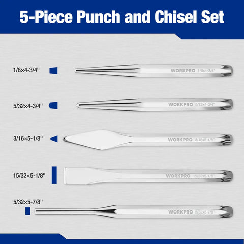 Knockout Five Piece Punch And Chisel Set Forged From Tough Chrome Vanadium Steel For Serious Masonry And Metal Cutting Tasks Built To Eat Hammer Blows Day After Day On Any Grungy Job Site With Tray showing sizes 1/8x4-3/4, 5/32x4-3/4, and others.