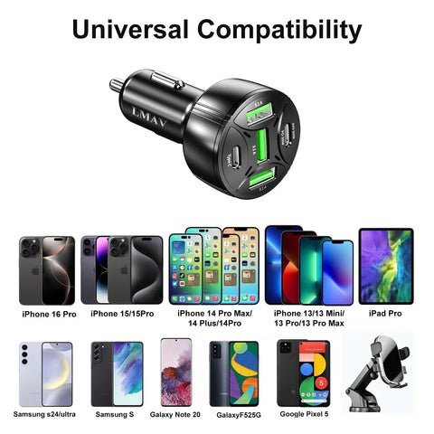 Keep Your Road Trip Vibe Tight With This Solid 5 Port Usb C Car Charger Delivering PD 75W Fast Charge To Power Up Every Gadget While Cruising Down The Interstate, showing compatibility with various devices.