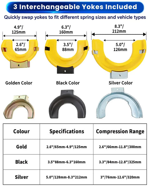 Three interchangeable yokes from MacPherson Strut Spring Compressor Kit Universal Interchangeable Fork Coil Extractor Tool Set For BMW And Mercedes Benz With Safety Lip Jaws Pro Grade Heavy Duty Build Easy Assembly And Disassembly.