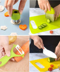 Higoney 17pcs toddler kitchen set from Amazon; green plastic kid-safe tools with cutting board, crinkle cutter, and peeler.