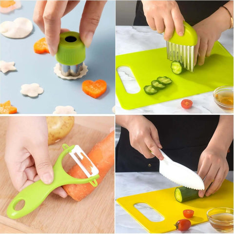 Higoney 17pcs toddler kitchen set from Amazon; green plastic kid-safe tools with cutting board, crinkle cutter, and peeler.