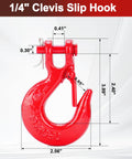Red G80 Clevis Slip Hook with Safety Latch for 1/4 inch chain, detailed dimensions, heavy-duty grade 80 forged for towing