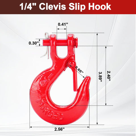 Red G80 Clevis Slip Hook with Safety Latch for 1/4 inch chain, detailed dimensions, heavy-duty grade 80 forged for towing