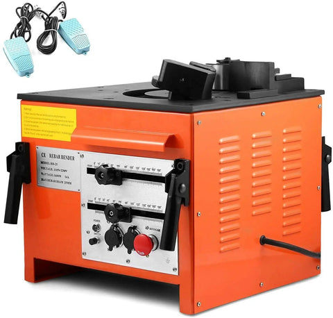 Rock Solid 25mm Electric Rebar Bender Equipped With Dual Foot Switches Making It A Total Workhorse For Bent One Inch Steel Rebars Across Every Active Build Site in orange color.