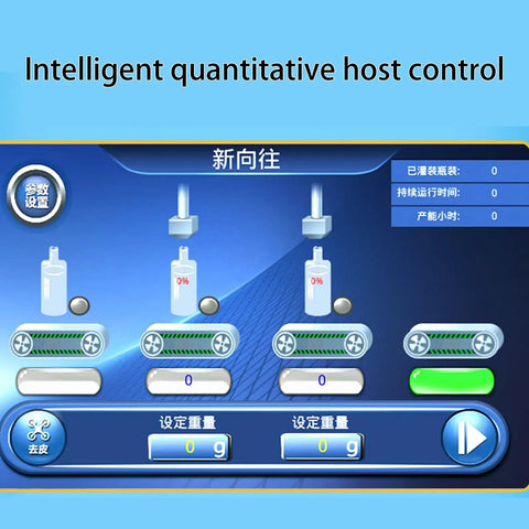 Rock Solid Automatic Double Head Liquid Filling Machine With Dead Simple Plug And Play Interface And No Fuss Adjustable Speed control screen displaying liquid measurements.