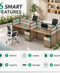 Game Changer Six Person Modular Office Workstation with Tempered Glass Privacy Screens and Smart USB Charging Hub Plus Rock Solid Rolling Storage Cabinet, featuring intelligent design elements like USB ports and lockable storage.