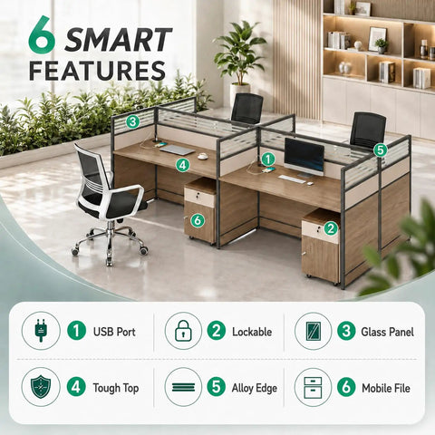Game Changer Six Person Modular Office Workstation with Tempered Glass Privacy Screens and Smart USB Charging Hub Plus Rock Solid Rolling Storage Cabinet, featuring intelligent design elements like USB ports and lockable storage.