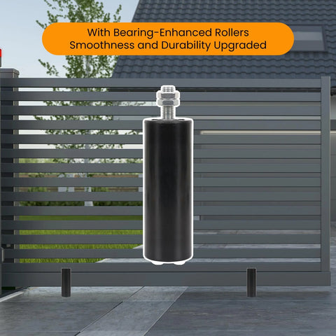 Two Pack Gate Roller Guide Kit With 6 Inch Universal Heavy Duty Sliding Gate Rollers And Nylon Wheel Hardware Set shown on gate