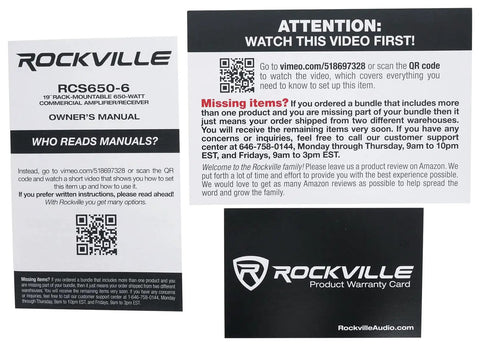Instructional inserts for Rockville 650 Watt Six Zone 70V Commercial Amplifier with QR codes and product warranty card.