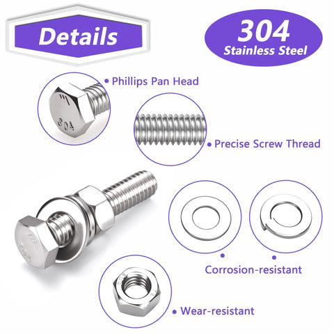 Premium 304 Stainless Steel Hex Bolt Nut Washer Assortment Kit with detailed view of Phillips pan head and precise screw thread.