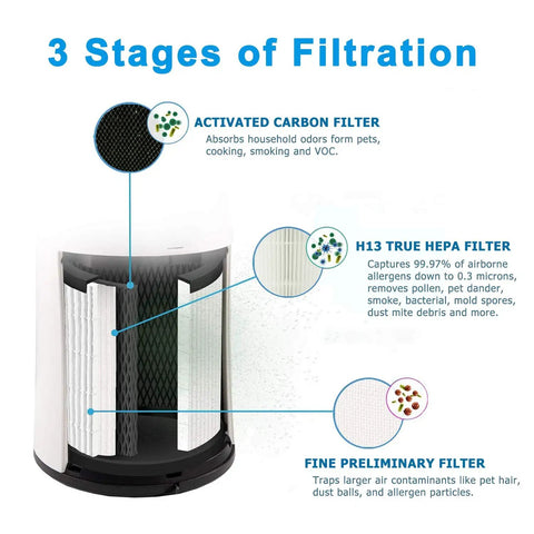 Diagram of LV-H135 Replacement Filter showing 3-in-1 H13 Grade Filtration: Fine Preliminary Filter, H13 True HEPA, Activated Carbon.