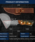 Beast Damascus Steel Survival Knife with Leather Sheath, fixed blade, handle with stabilized wood, shown with dimensions.