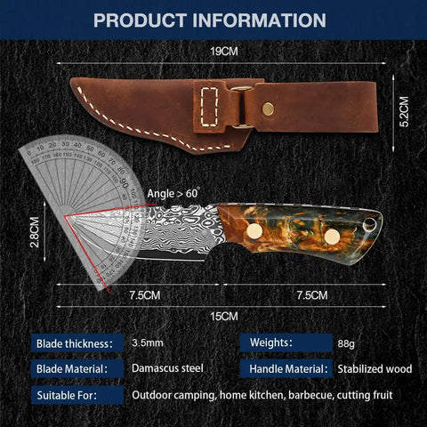 Beast Damascus Steel Survival Knife with Leather Sheath, fixed blade, handle with stabilized wood, shown with dimensions.