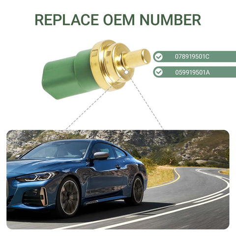 Close-up of YYTQP engine coolant temperature sensor with green plastic body and brass tip for VW group cars (1998-2010)