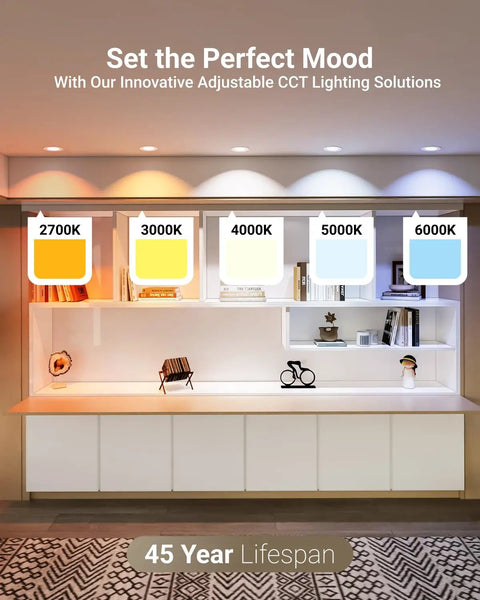 Five LED light panels showcasing adjustable color temperatures from 2700K to 6000K above a shelf in a modern room.