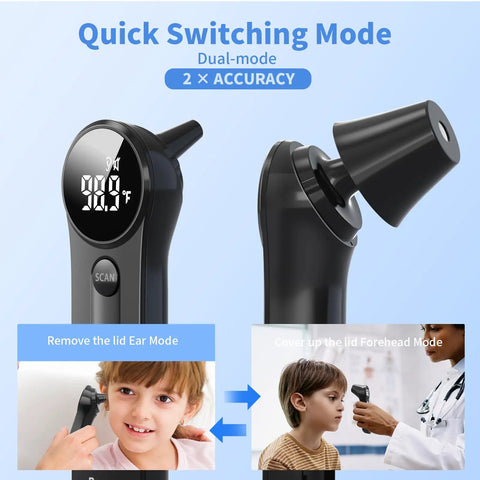 Kid Friendly Digital Forehead Thermometer For Adults And Kids, Multi Mode Temperature Readings For Ear Forehead Object And Room Temp, Fast Accurate Readings For Home Health Care, black dual-mode thermometer showing ear and forehead use