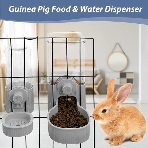 Rock Solid Rabbit Food And Water Dispenser Set With Large Capacity Gravity Feeder System hanging cage mount with bunny nearby.