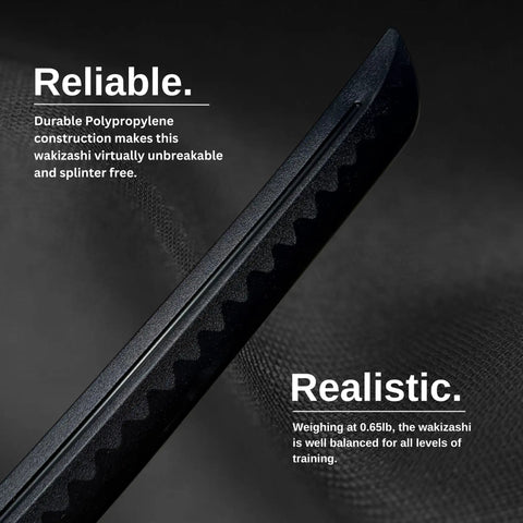 Close-up of Polypropylene Short Practice Samurai Training Sword 24-Inch blade with black saya scabbard details