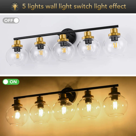 Mid Century Modern Bathroom Vanity Light Fixture With Clear Globe Glass Shades Five Light Black And Brass Gold Wall Sconce Over Mirror 36 Inch Vintage Style Bath Lighting Bulbs Not Included showing on and off light effects.