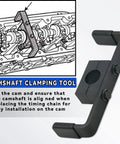 Camshaft holding tool for Ford 4.6L-6.8L V8/V10 engines; black metal clamp with two bolts, 2+1 kit