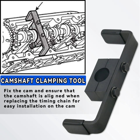 Camshaft holding tool for Ford 4.6L-6.8L V8/V10 engines; black metal clamp with two bolts, 2+1 kit