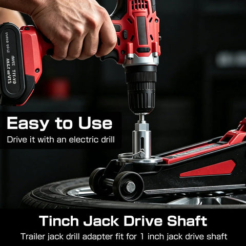 Heavy Duty Trailer Jack Drill Adapter For 1 Inch Drive Shaft with electric drill attached for easy use on trailer jacks.