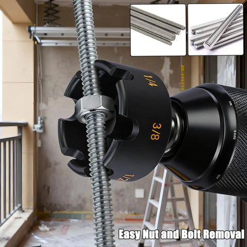 Heavy Duty Nut Driver Drill Attachment For Smashing Through Rusted Bolts And Rapid Stripped Nut Extraction Compatible With Standard Impact Drills, showing 1/4 and 3/8 sizes on a drill.