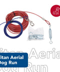 Titan Aerial Dog Run For Backyard Freedom A Heavy Duty Tie Out Cable System That Lets Your Pup Roam Safely Up To 50 Lbs Includes Lead Line And Hardware A 50 Foot Trolley Style Cable For Easy Safe Outdoor Play, showing coiled red and blue cables with hooks and fittings.