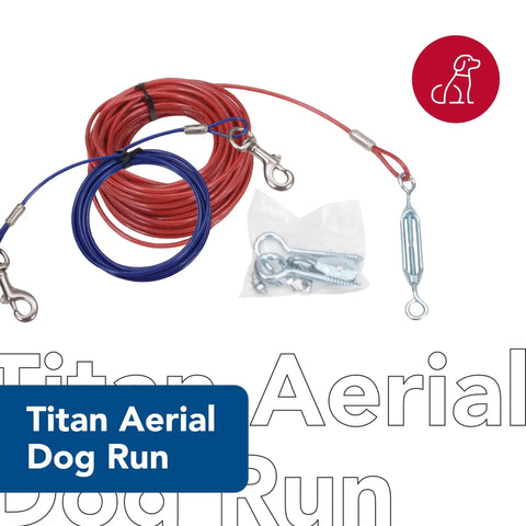 Titan Aerial Dog Run For Backyard Freedom A Heavy Duty Tie Out Cable System That Lets Your Pup Roam Safely Up To 50 Lbs Includes Lead Line And Hardware A 50 Foot Trolley Style Cable For Easy Safe Outdoor Play, showing coiled red and blue cables with hooks and fittings.